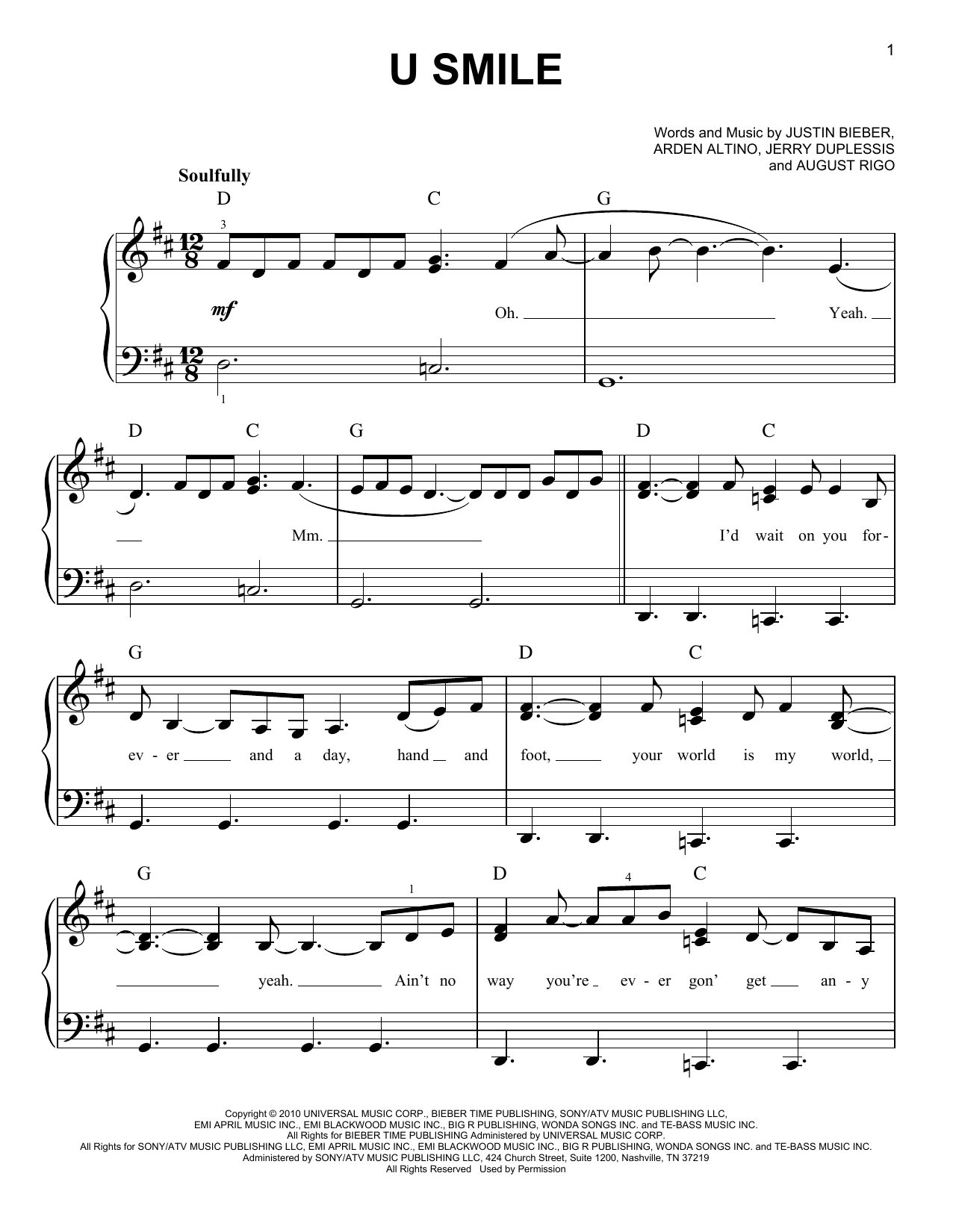 Justin Bieber U Smile Sheet Music Notes & Chords for Piano, Vocal & Guitar (Right-Hand Melody) - Download or Print PDF