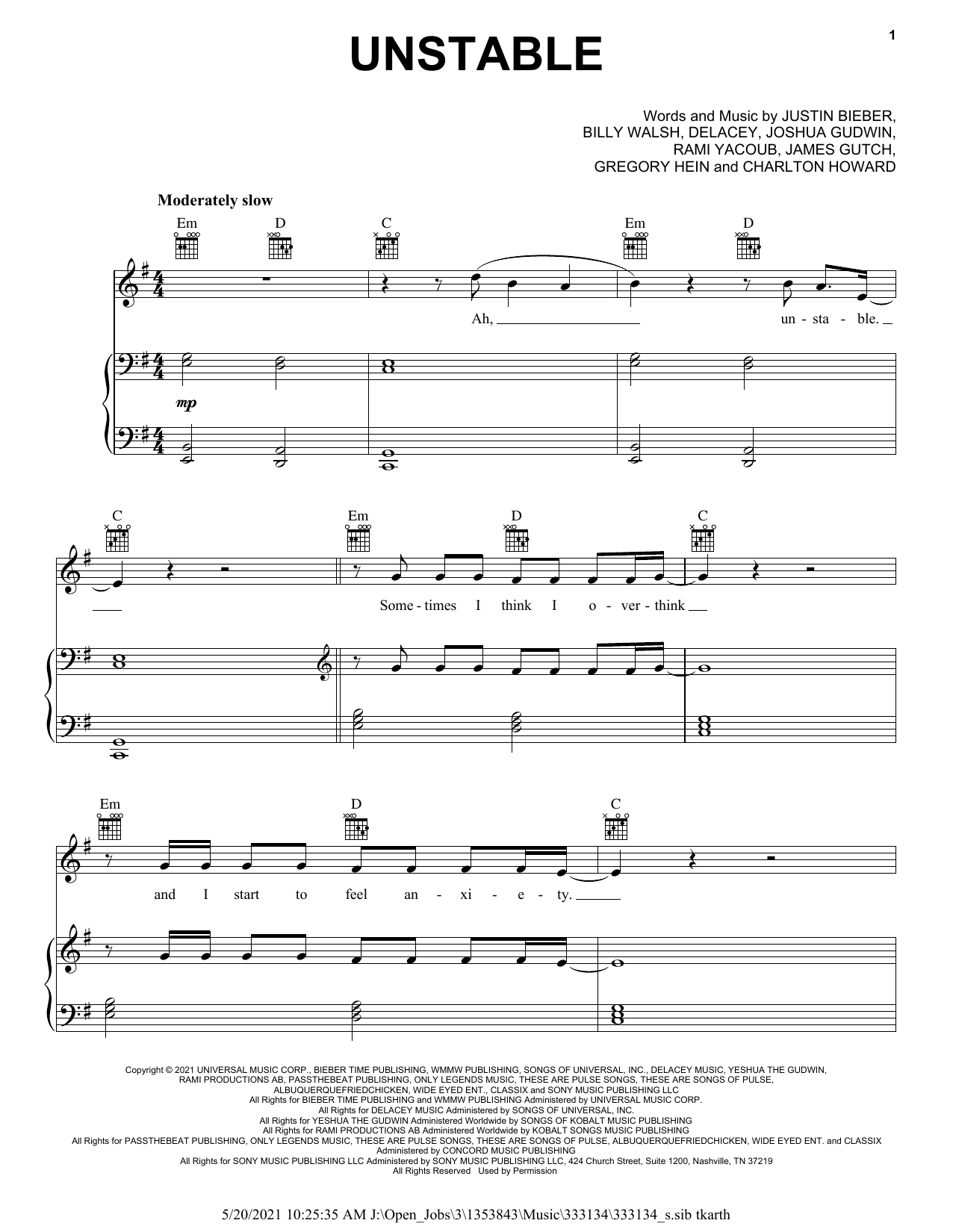 Justin Bieber Unstable (feat. The Kid LAROI) Sheet Music Notes & Chords for Piano, Vocal & Guitar (Right-Hand Melody) - Download or Print PDF