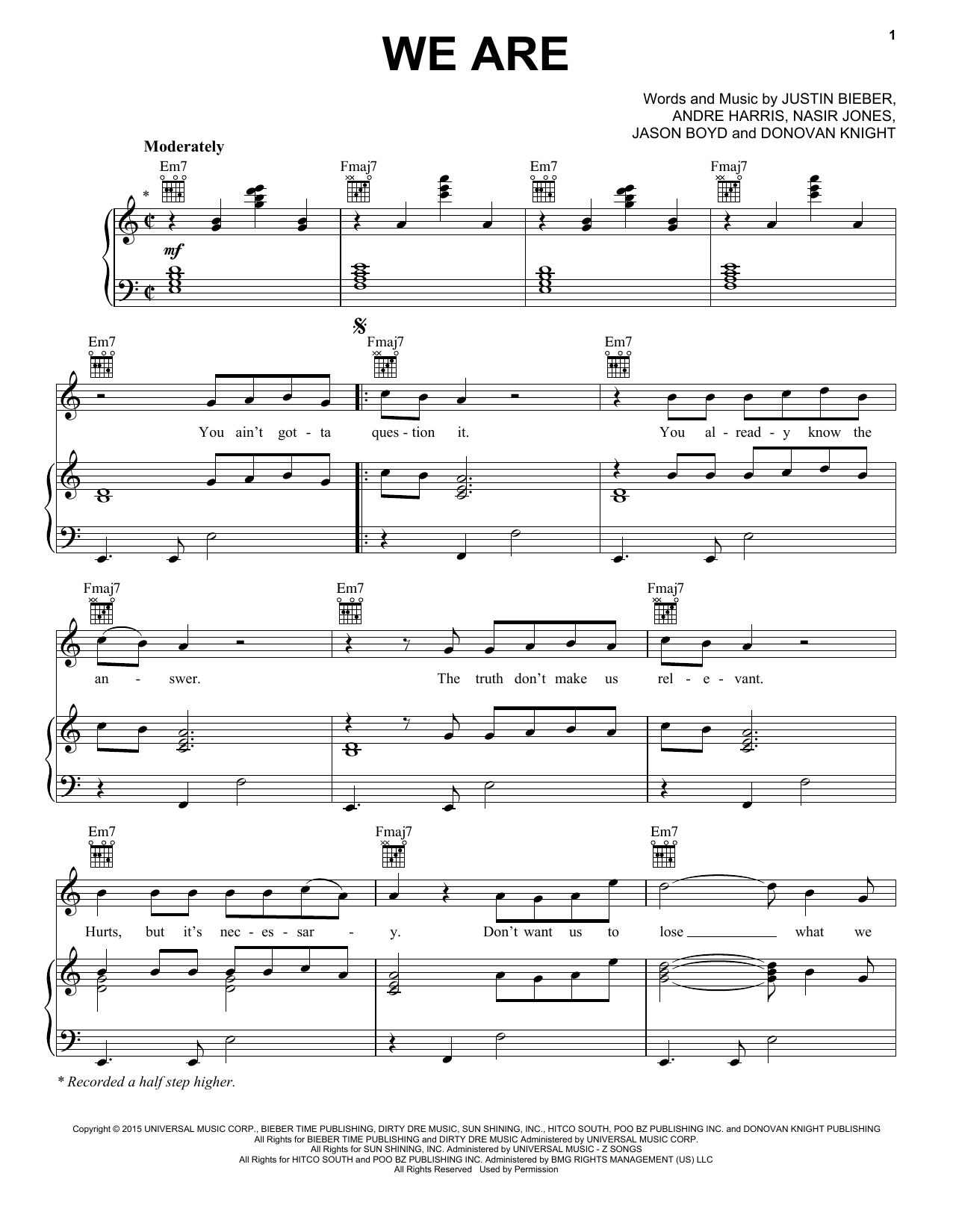 Justin Bieber We Are Sheet Music Notes & Chords for Piano, Vocal & Guitar (Right-Hand Melody) - Download or Print PDF