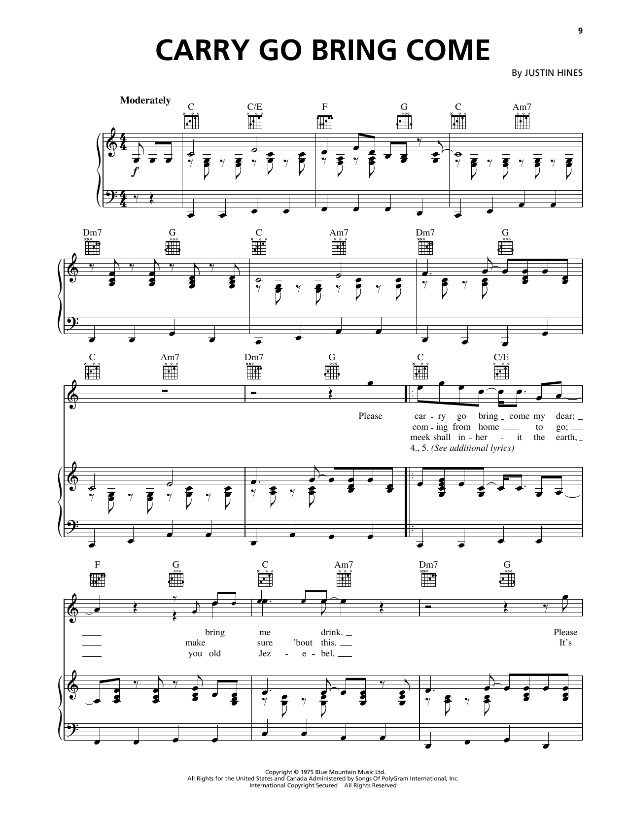 Justin Hinds Carry Go Bring Come Sheet Music Notes & Chords for Piano, Vocal & Guitar Chords (Right-Hand Melody) - Download or Print PDF