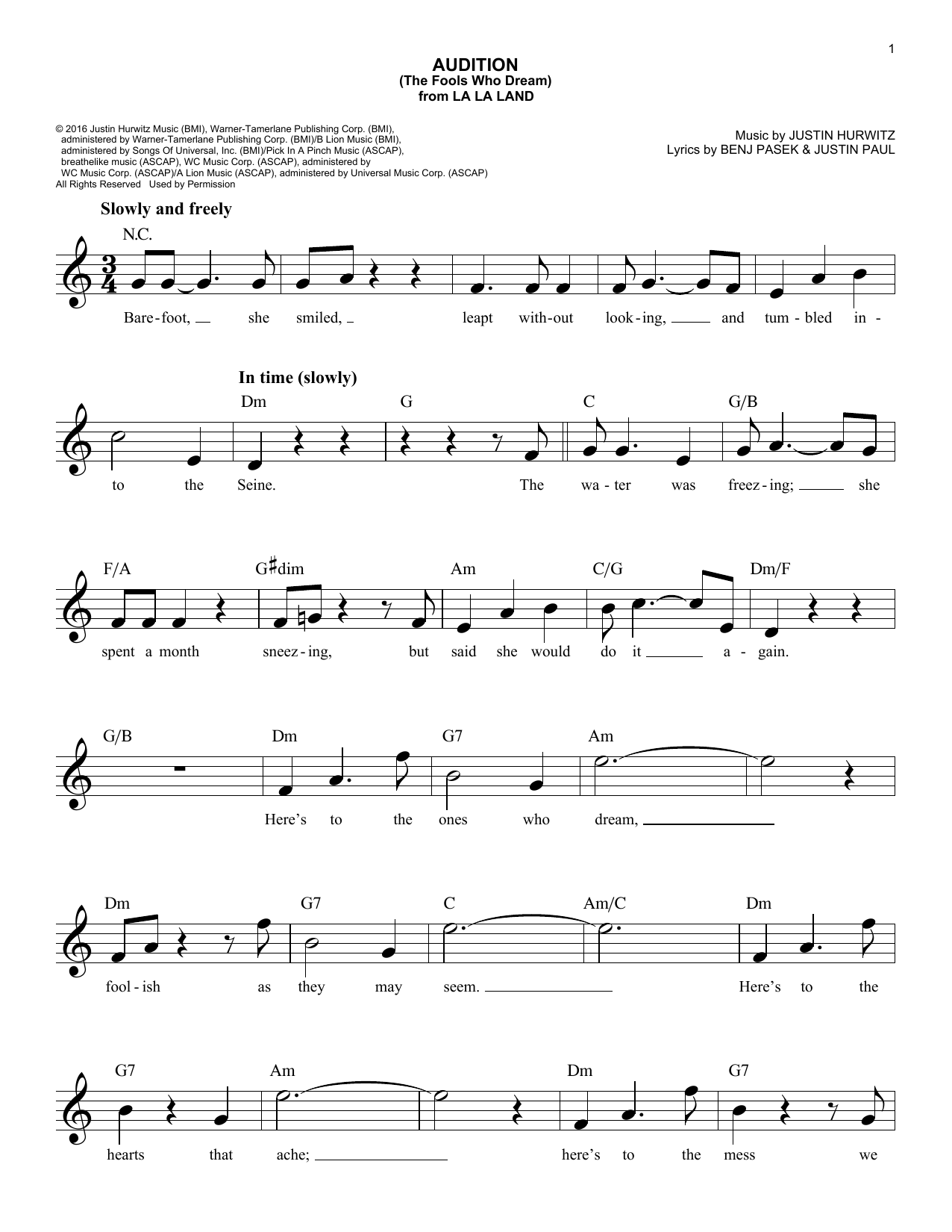 Justin Hurwitz Audition (The Fools Who Dream) (from La La Land) Sheet Music Notes & Chords for Lead Sheet / Fake Book - Download or Print PDF
