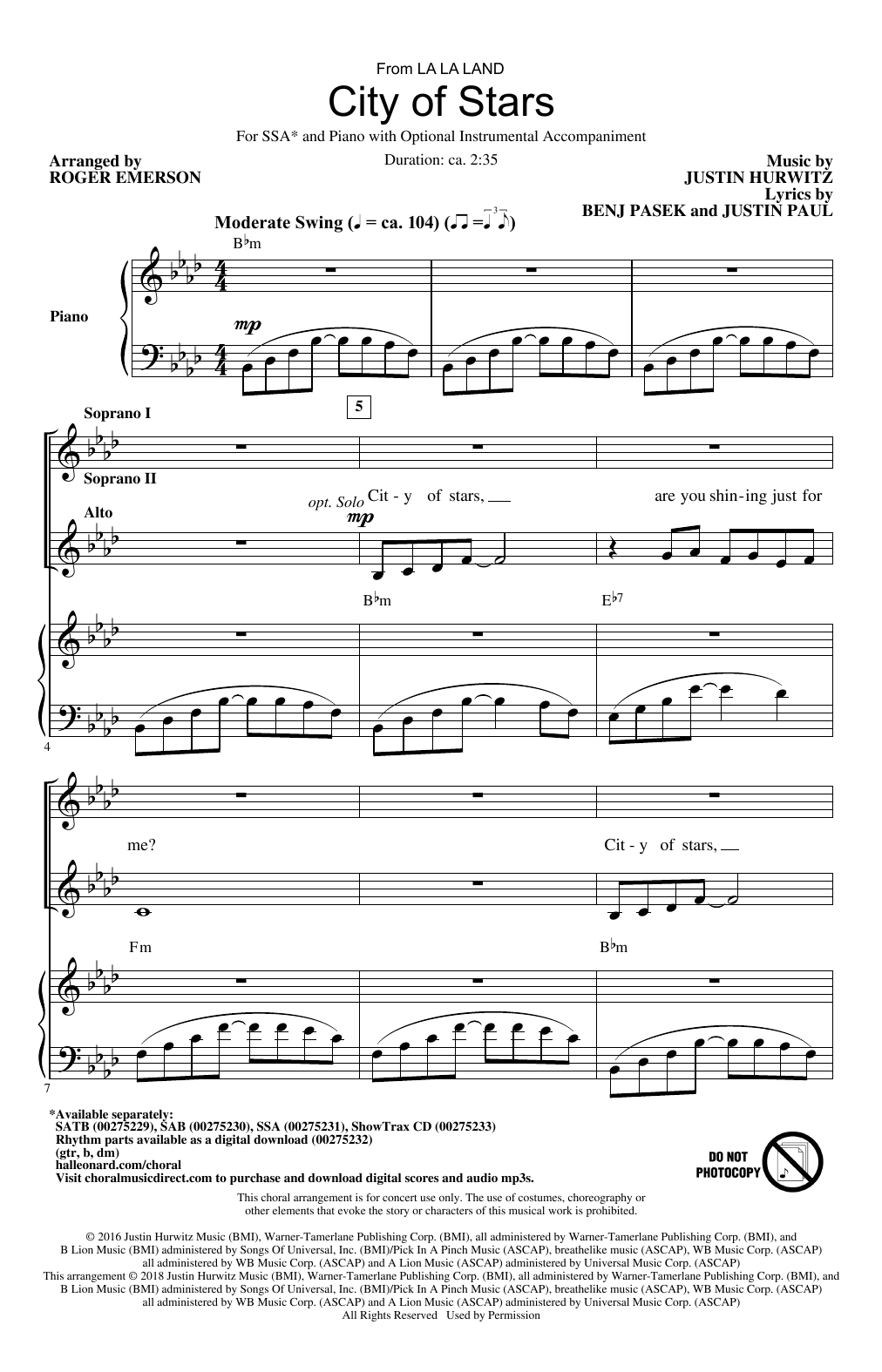 Justin Hurwitz City Of Stars (arr. Roger Emerson) Sheet Music Notes & Chords for SATB - Download or Print PDF