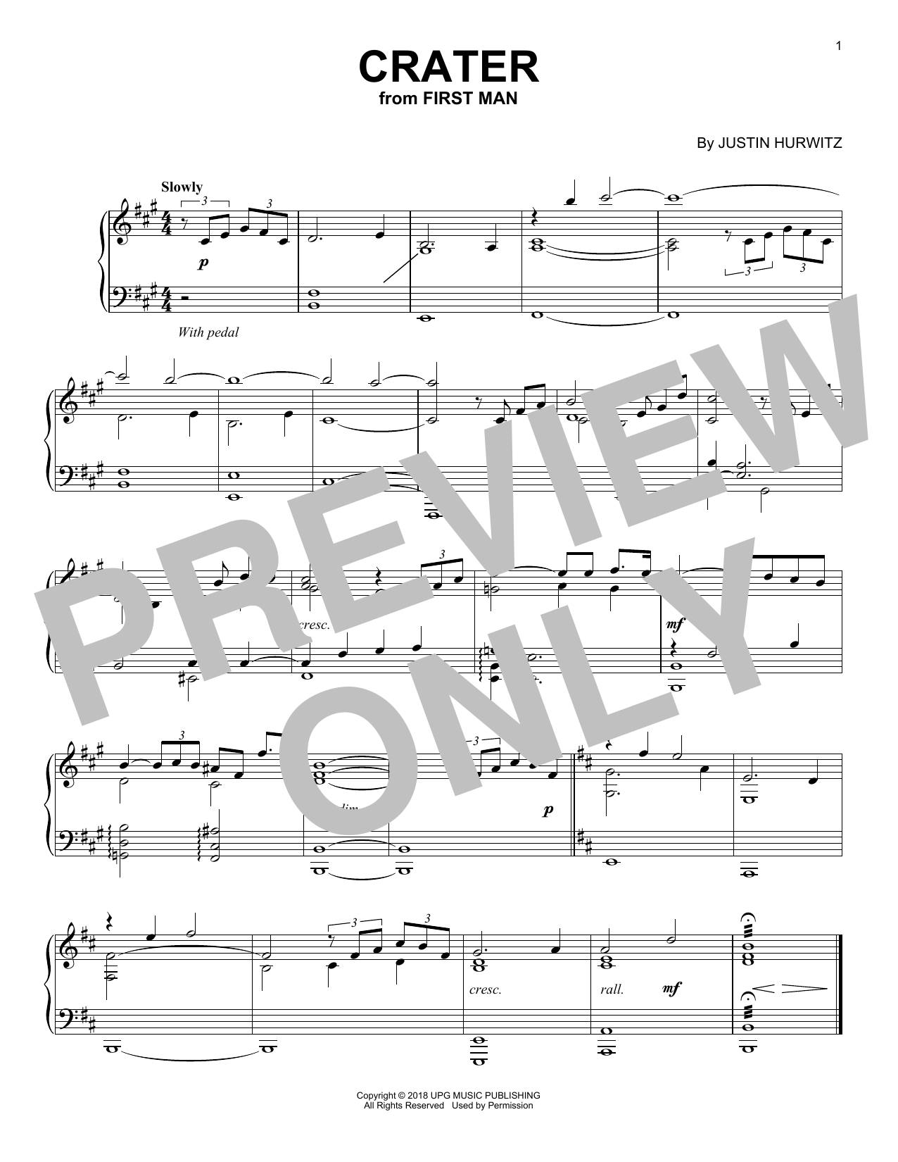 Justin Hurwitz Crater (from First Man) Sheet Music Notes & Chords for Piano Solo - Download or Print PDF