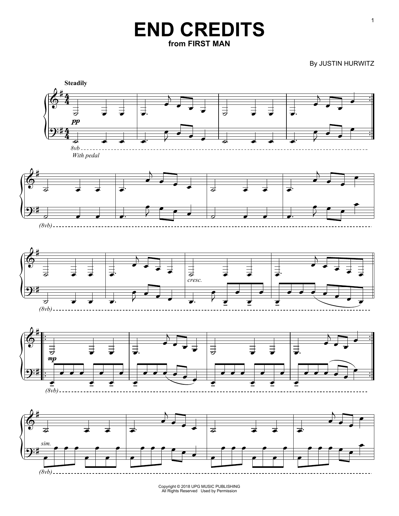 Justin Hurwitz End Credits (from First Man) Sheet Music Notes & Chords for Piano Solo - Download or Print PDF