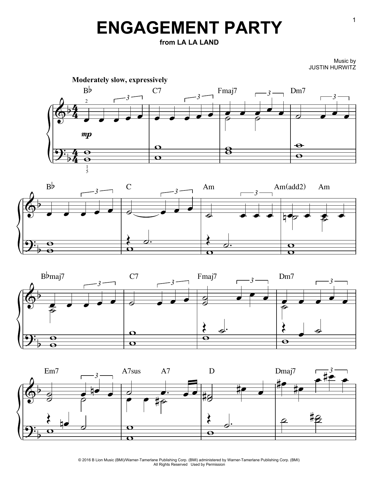 Justin Hurwitz Engagement Party Sheet Music Notes & Chords for Easy Piano - Download or Print PDF