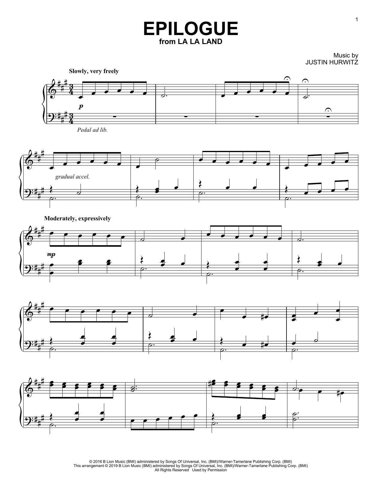 Justin Hurwitz Epilogue (from La La Land) Sheet Music Notes & Chords for Piano Solo - Download or Print PDF