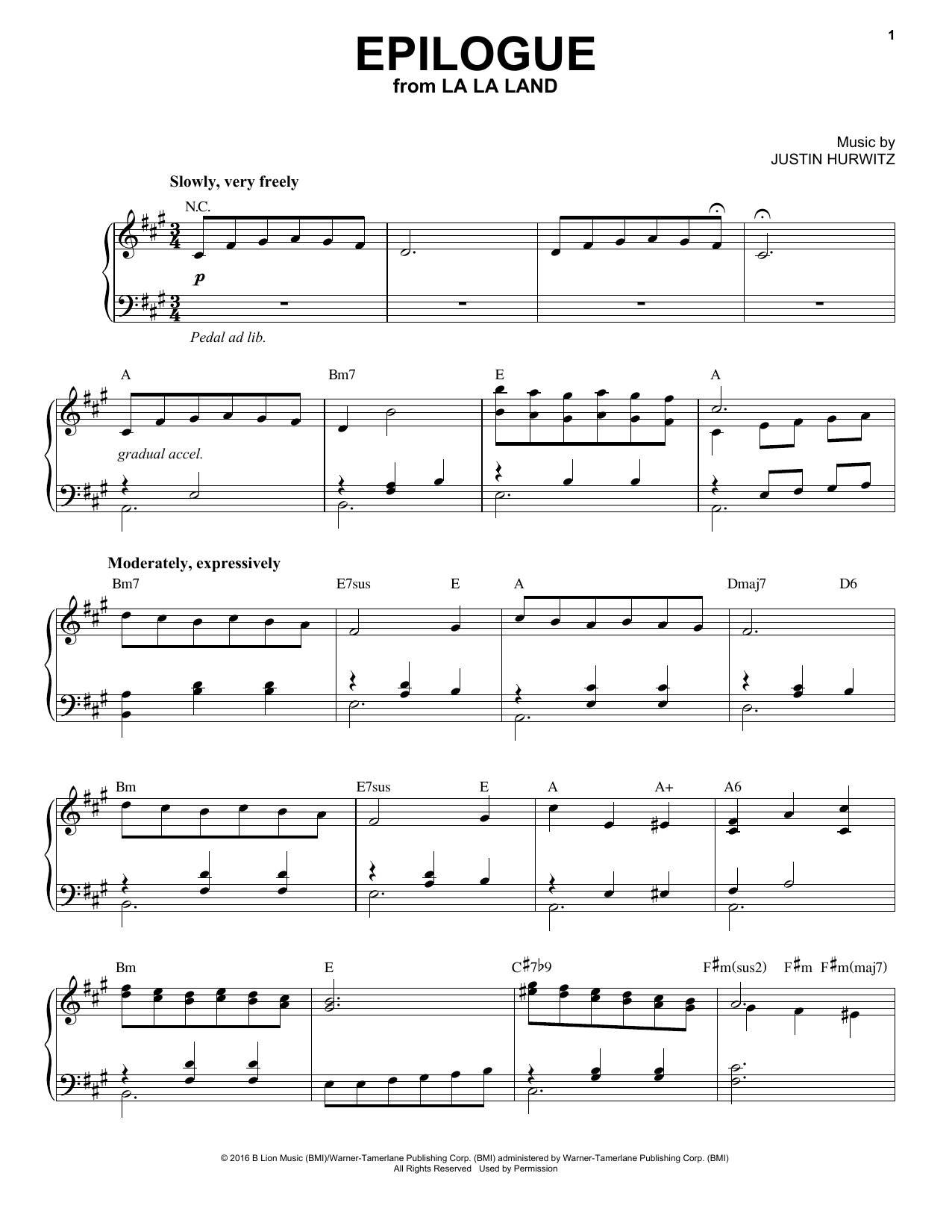 Justin Hurwitz Epilogue Sheet Music Notes & Chords for Piano, Vocal & Guitar (Right-Hand Melody) - Download or Print PDF