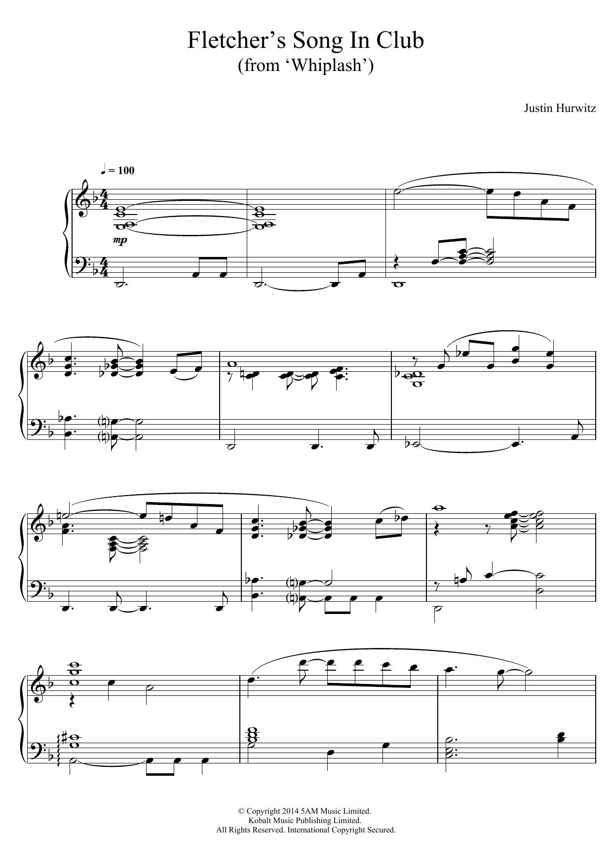 Justin Hurwitz Fletcher's Song In Club (from 'Whiplash') Sheet Music Notes & Chords for Piano - Download or Print PDF