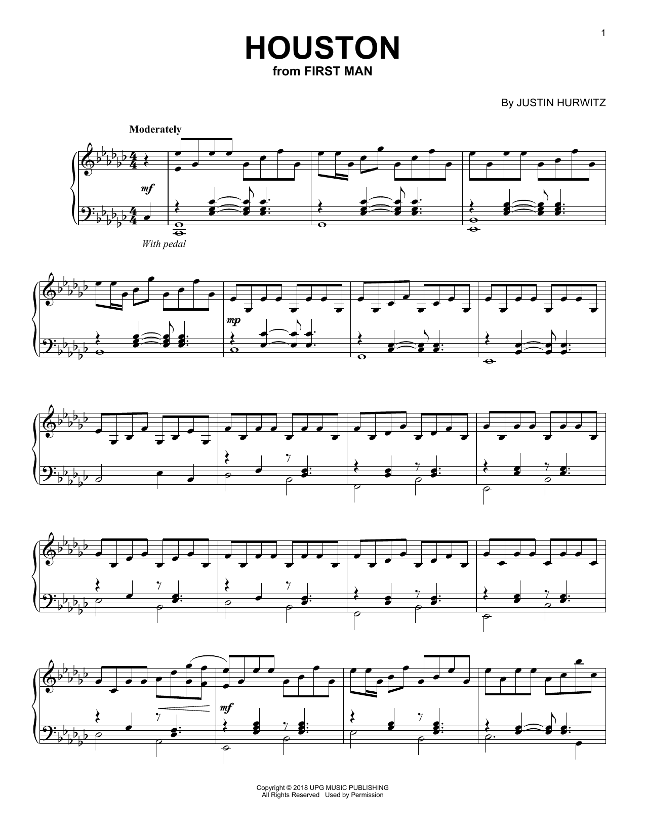 Justin Hurwitz Houston (from First Man) Sheet Music Notes & Chords for Piano Solo - Download or Print PDF