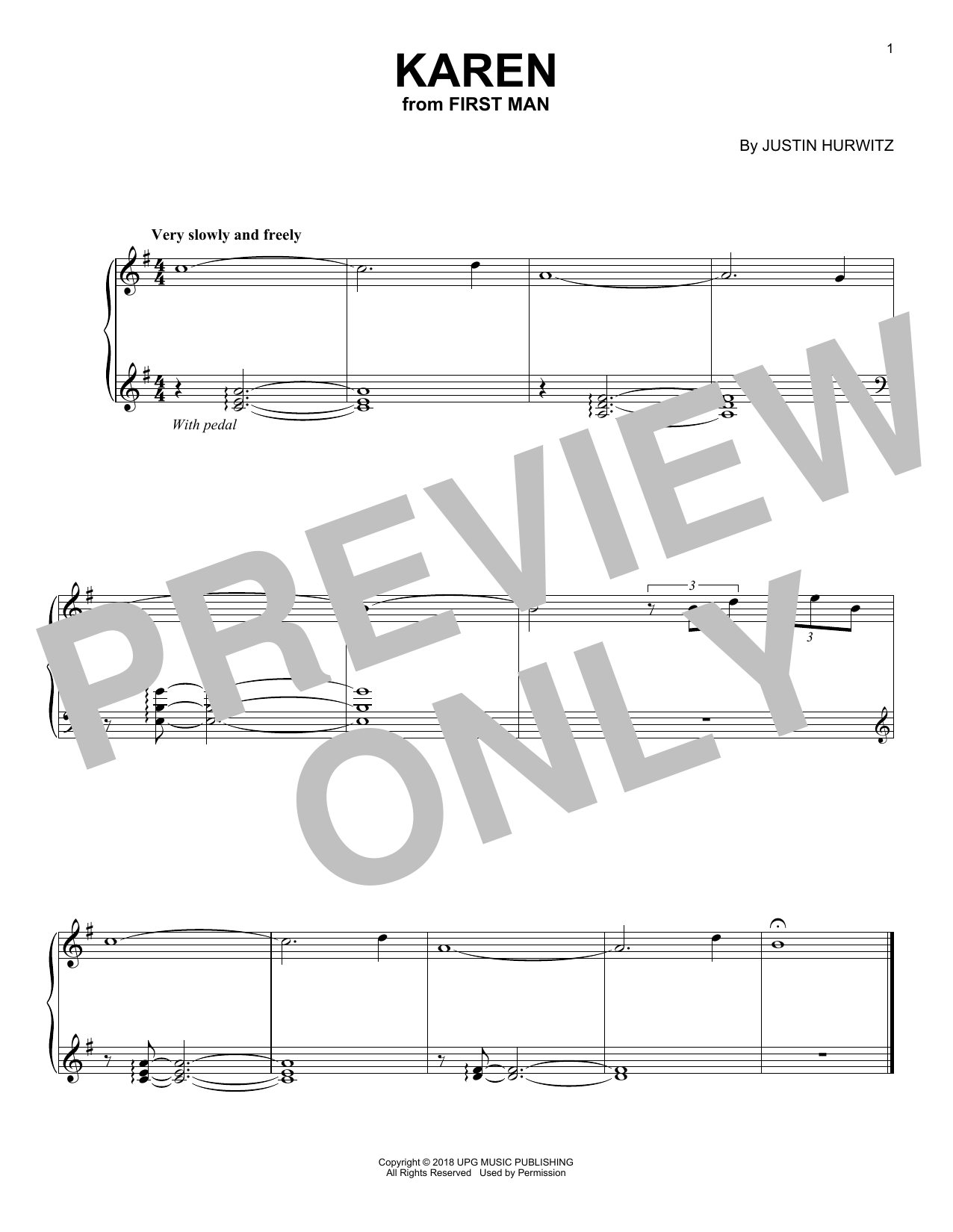 Justin Hurwitz Karen (from First Man) Sheet Music Notes & Chords for Piano Solo - Download or Print PDF
