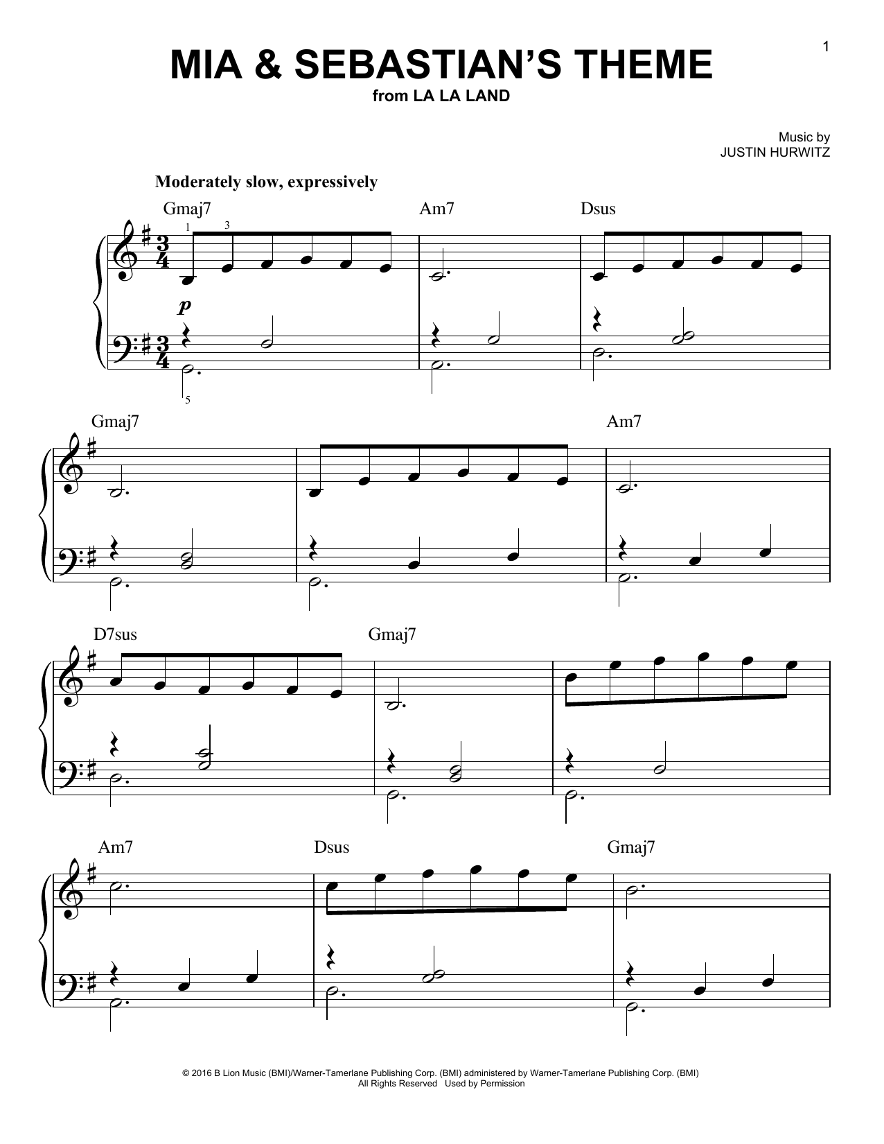 Justin Hurwitz Mia & Sebastian's Theme (from La La Land) Sheet Music Notes & Chords for Easy Guitar Tab - Download or Print PDF