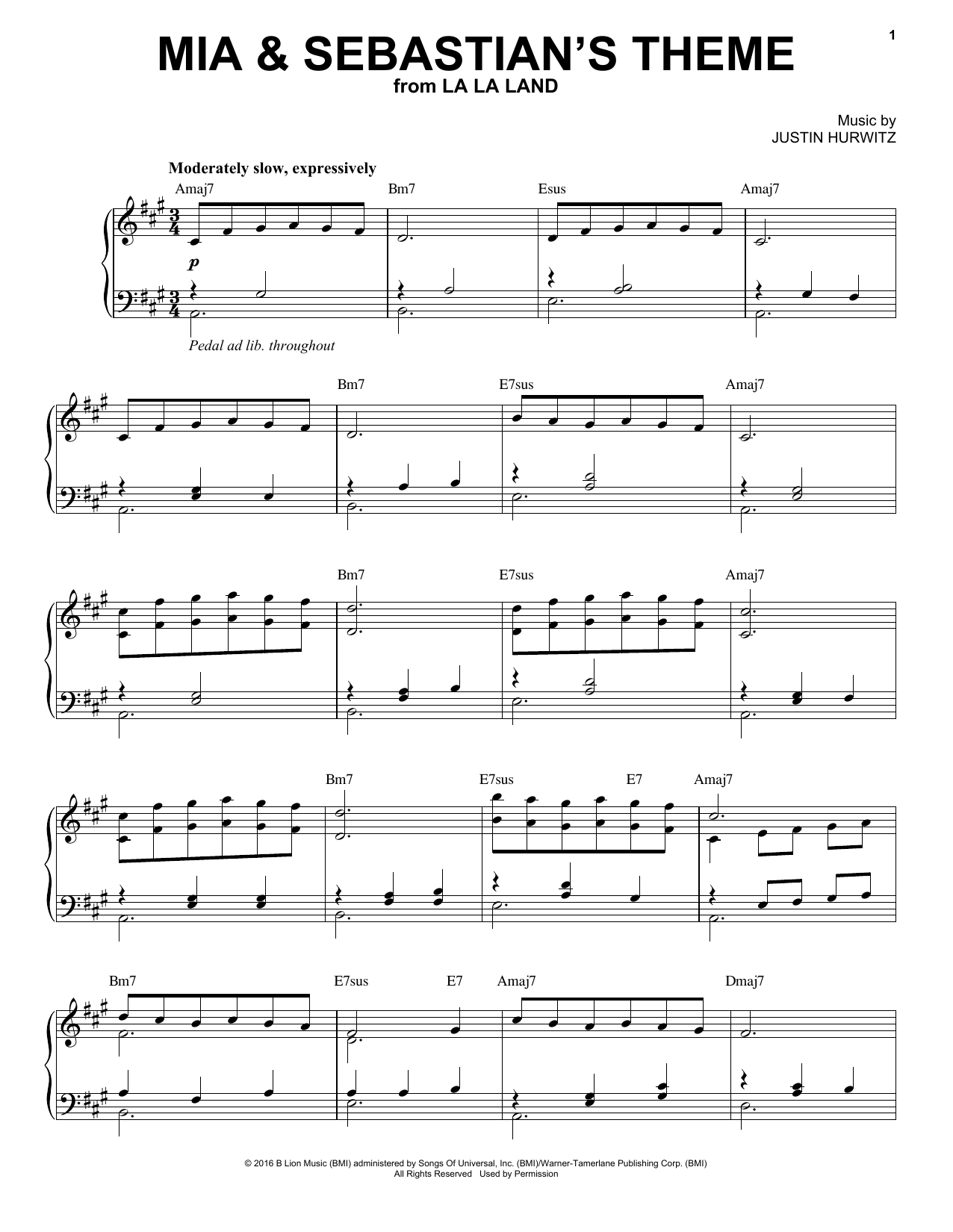 Justin Hurwitz Mia And Sebastian's Theme (from La La Land) Sheet Music Notes & Chords for Piano Solo - Download or Print PDF