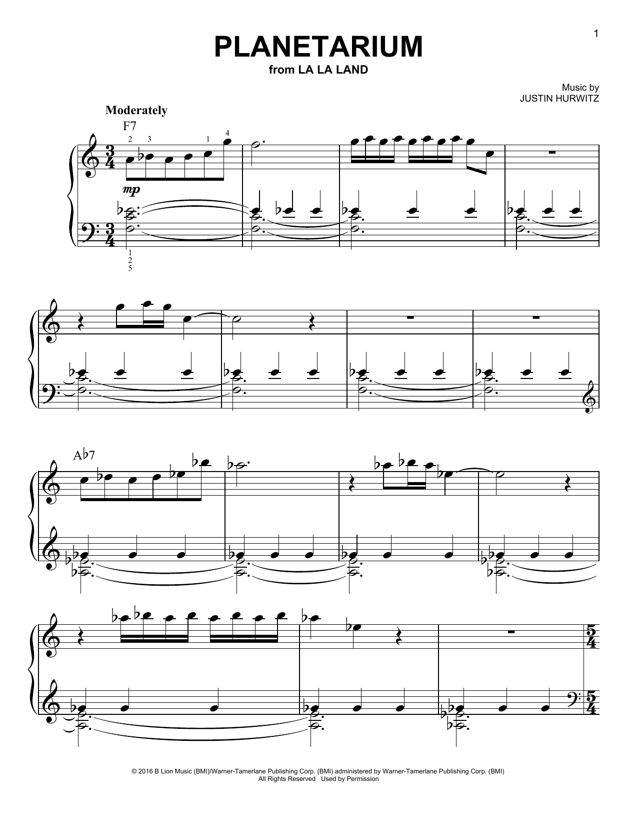 Justin Hurwitz Planetarium Sheet Music Notes & Chords for Easy Piano - Download or Print PDF