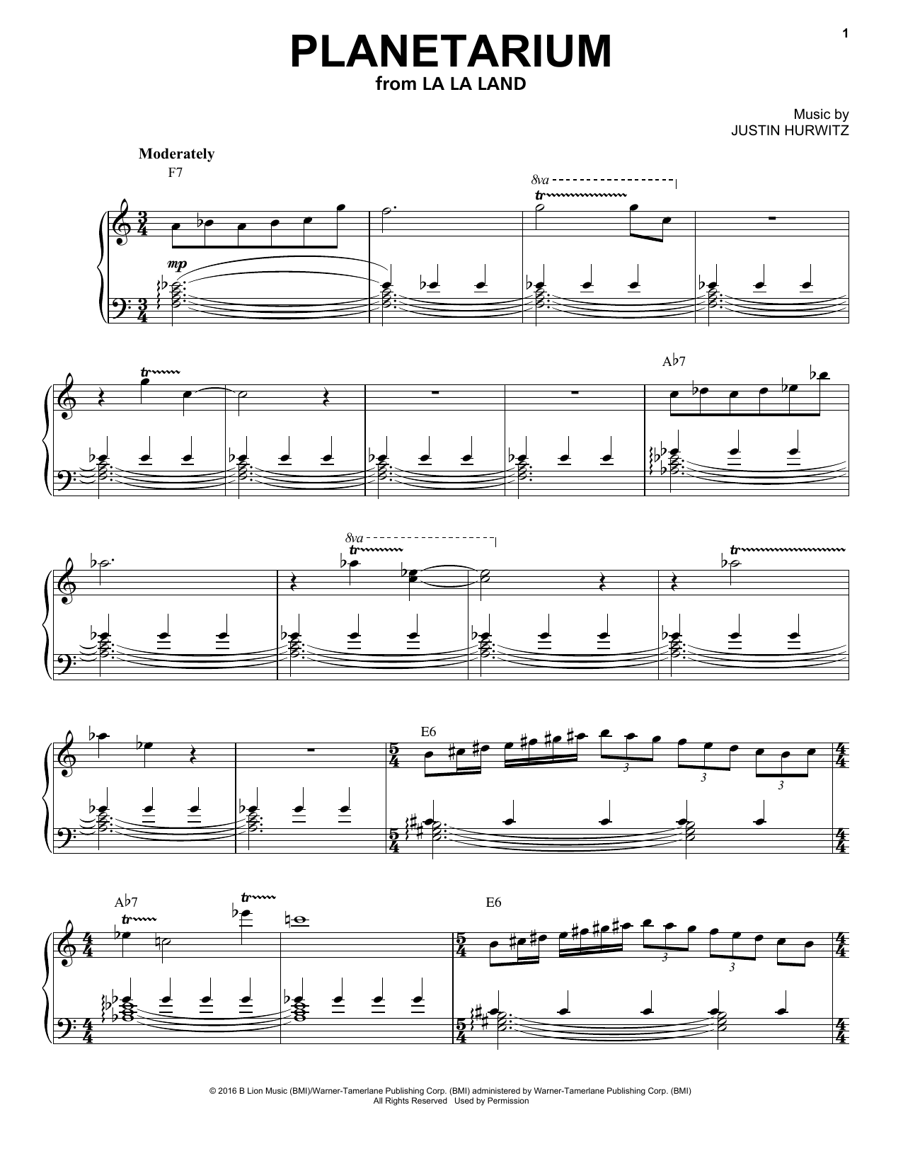 Justin Hurwitz Planetarium Sheet Music Notes & Chords for Piano Solo - Download or Print PDF