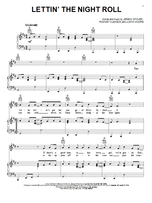 Justin Moore Lettin' The Night Roll Sheet Music Notes & Chords for Piano, Vocal & Guitar (Right-Hand Melody) - Download or Print PDF