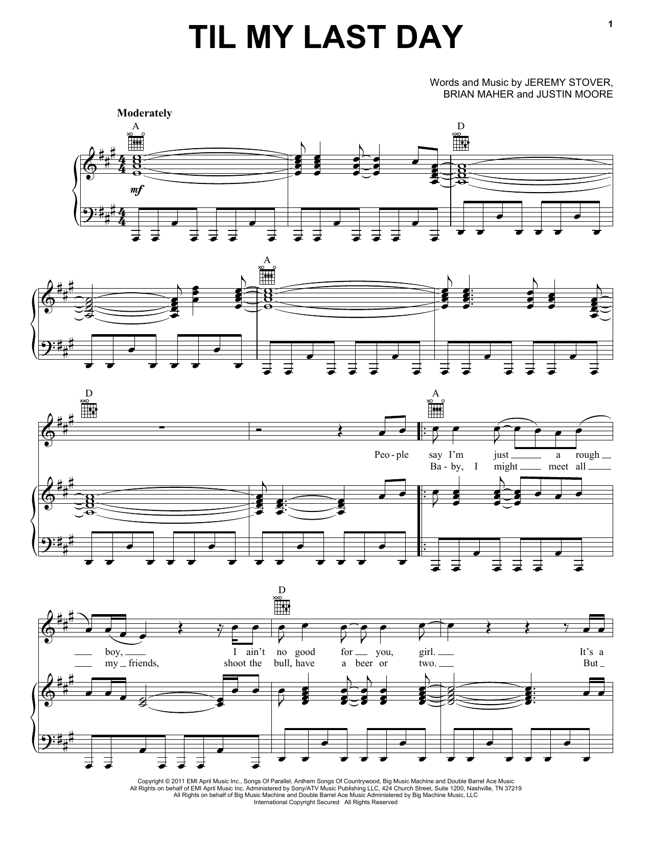 Justin Moore Til My Last Day Sheet Music Notes & Chords for Piano, Vocal & Guitar (Right-Hand Melody) - Download or Print PDF