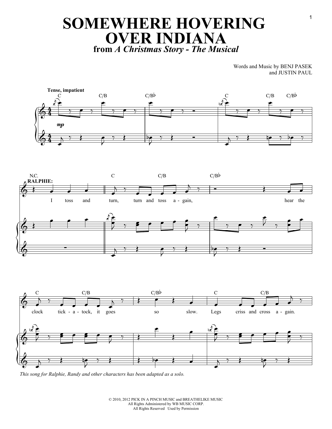 Justin Paul Somewhere Hovering Over Indiana Sheet Music Notes & Chords for Piano & Vocal - Download or Print PDF