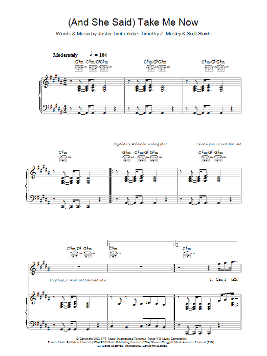 Justin Timberlake (And She Said) Take Me Now Sheet Music Notes & Chords for Piano, Vocal & Guitar (Right-Hand Melody) - Download or Print PDF