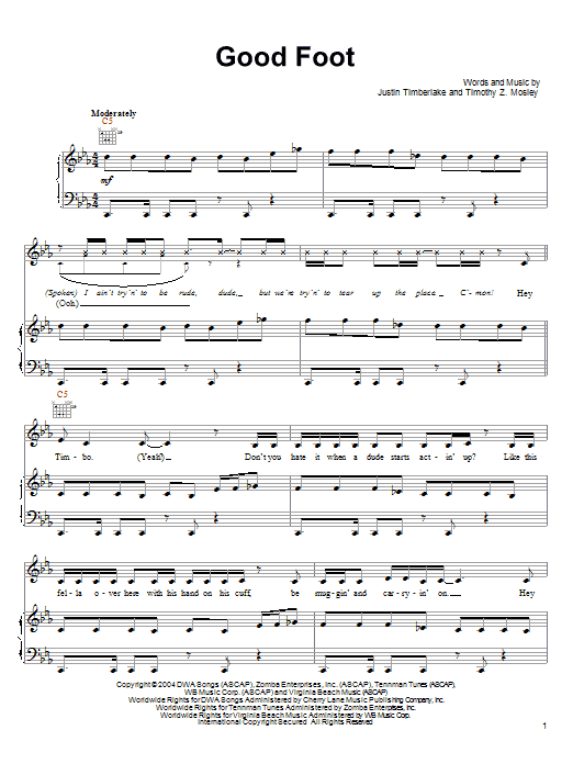 Justin Timberlake and Timbaland Good Foot Sheet Music Notes & Chords for Piano, Vocal & Guitar (Right-Hand Melody) - Download or Print PDF