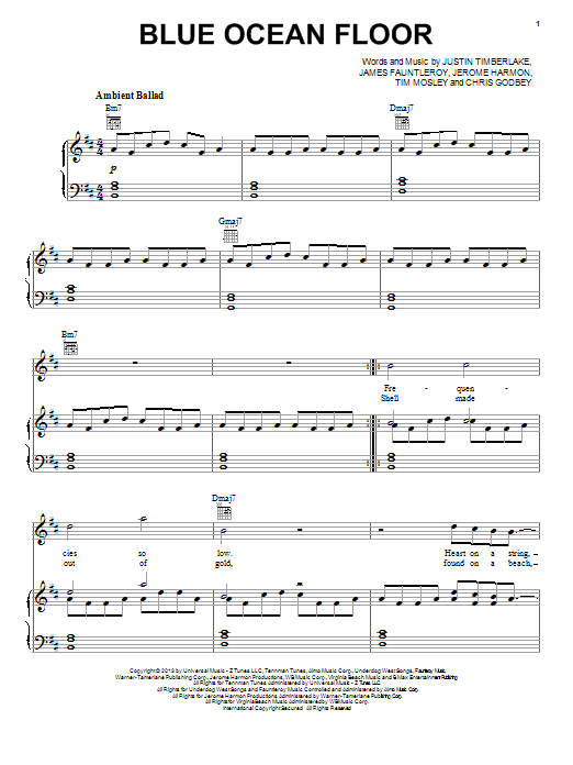 Justin Timberlake Blue Ocean Floor Sheet Music Notes & Chords for Piano, Vocal & Guitar (Right-Hand Melody) - Download or Print PDF