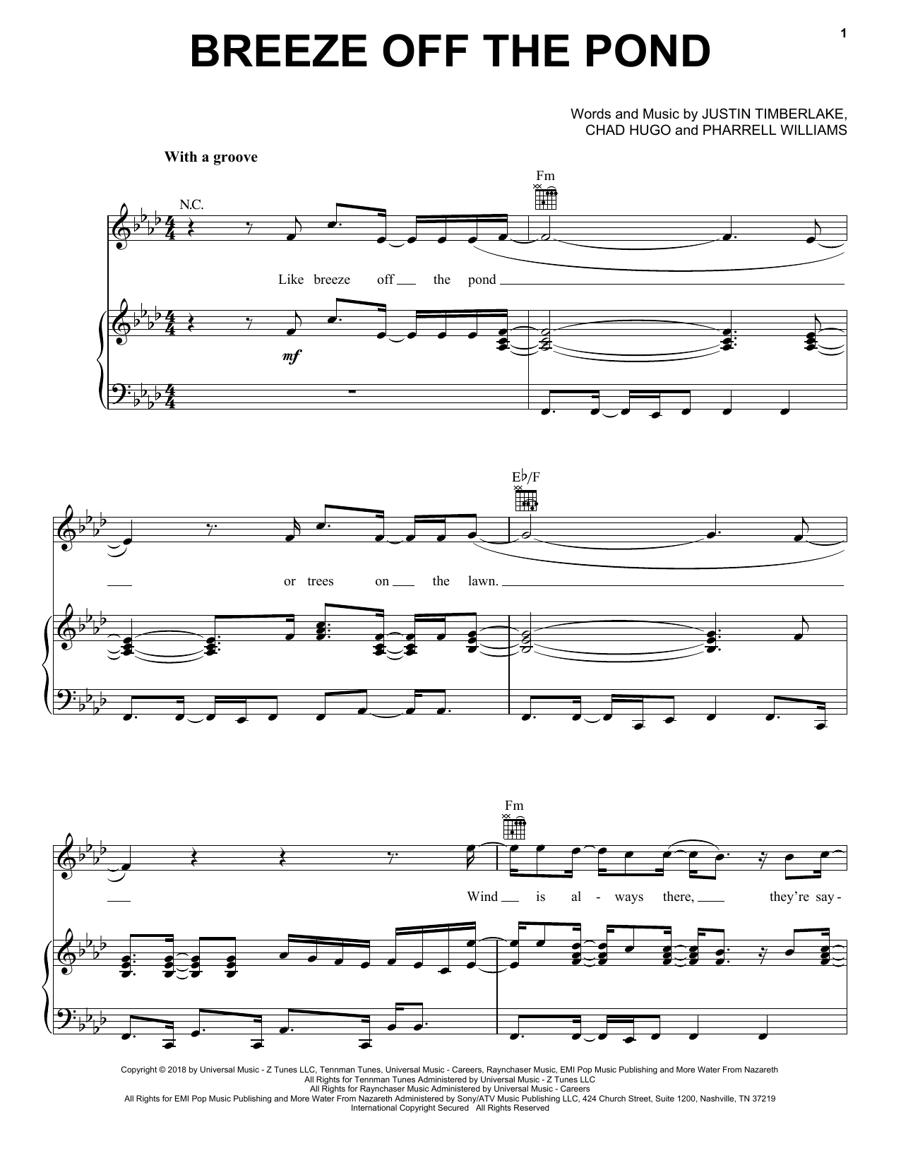 Justin Timberlake Breeze Off The Pond Sheet Music Notes & Chords for Piano, Vocal & Guitar (Right-Hand Melody) - Download or Print PDF