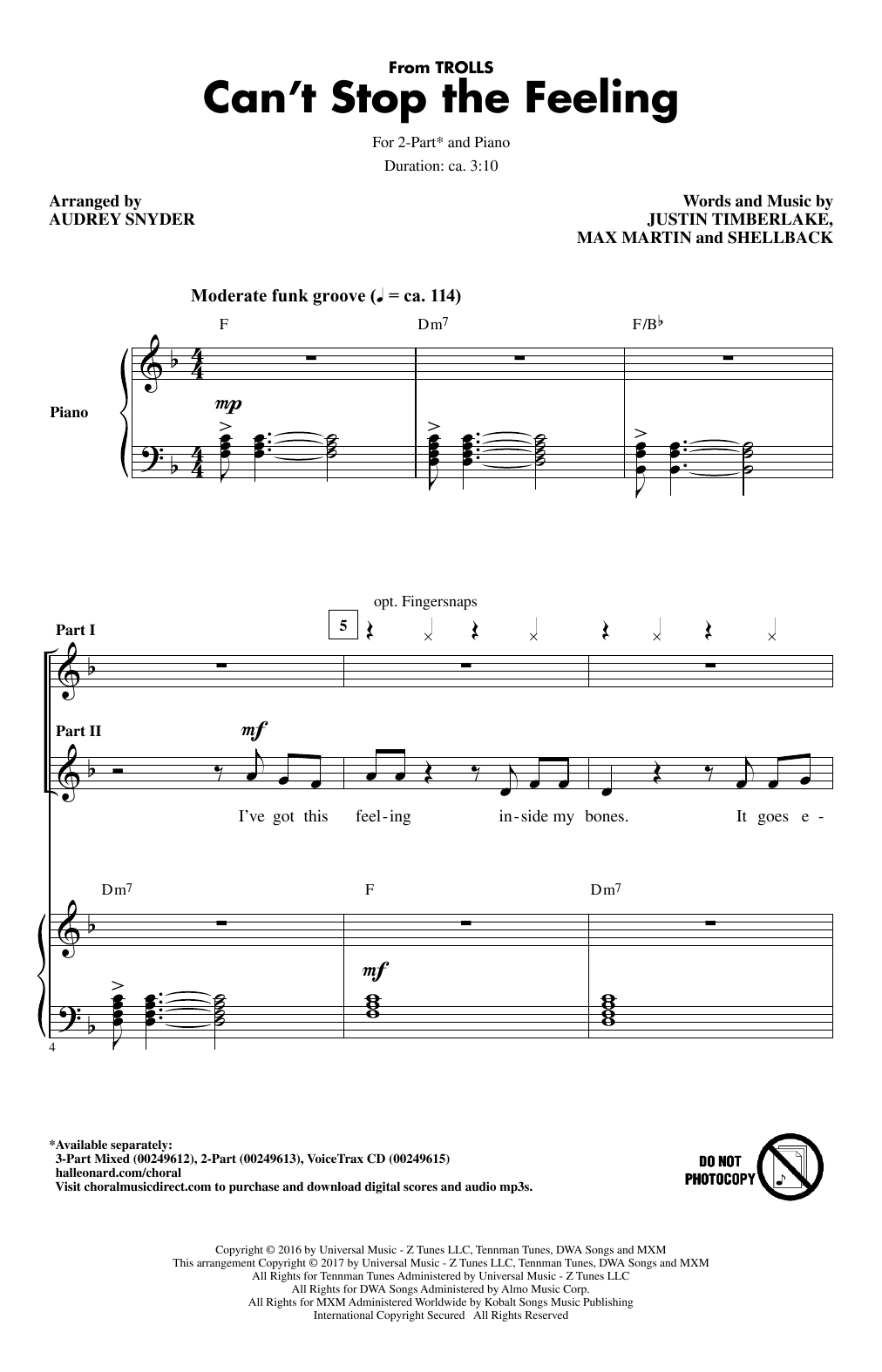 Justin Timberlake Can't Stop The Feeling (from Trolls) (arr. Audrey Snyder) Sheet Music Notes & Chords for 2-Part Choir - Download or Print PDF