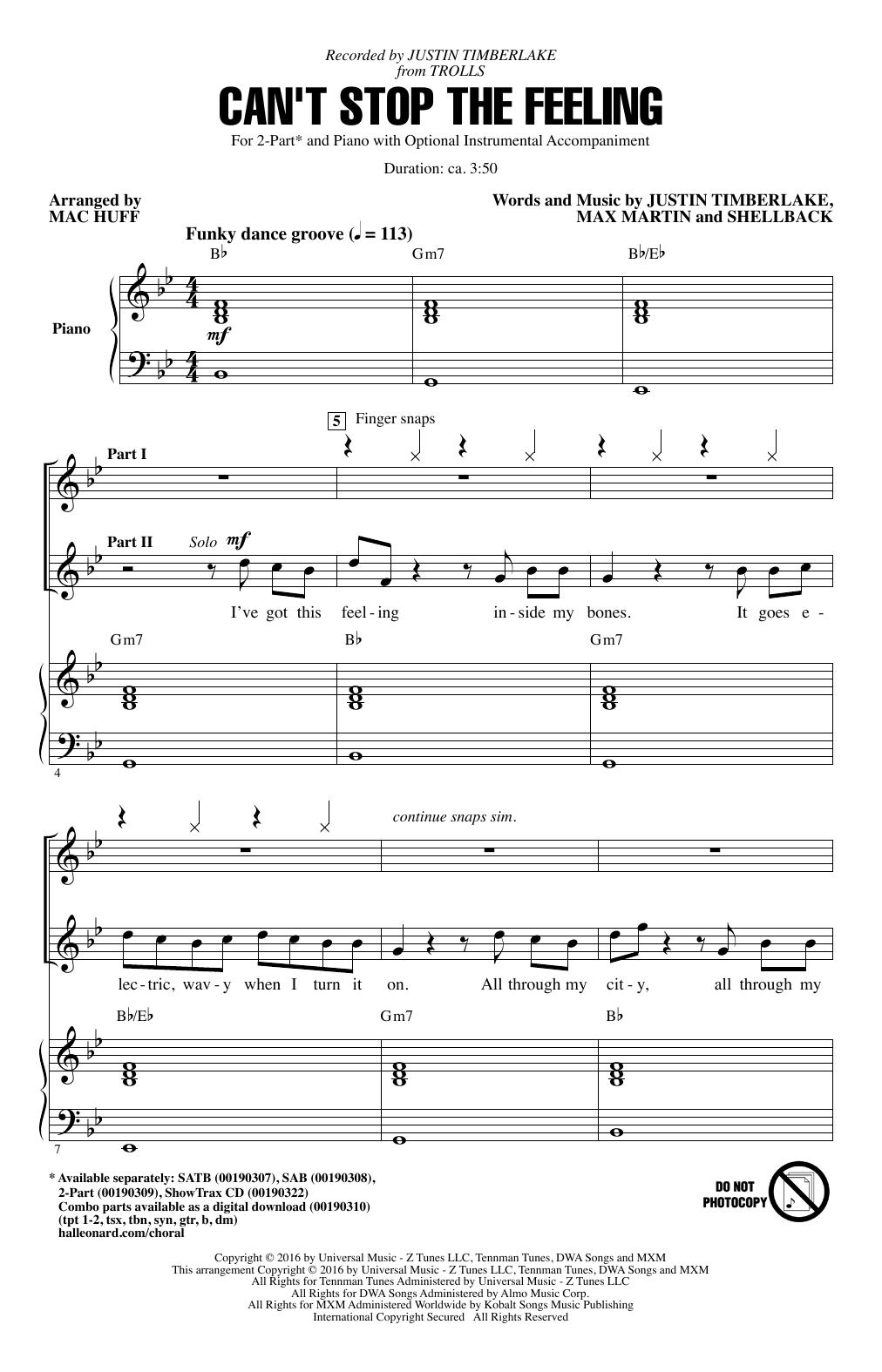 Justin Timberlake Can't Stop The Feeling (from Trolls) (arr. Mac Huff) Sheet Music Notes & Chords for SAB - Download or Print PDF