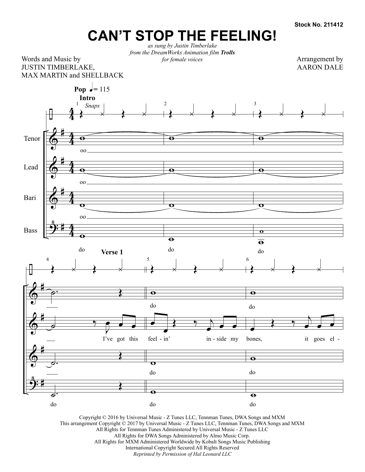Justin Timberlake Can't Stop the Feeling! (arr. Aaron Dale) Sheet Music Notes & Chords for TTBB Choir - Download or Print PDF