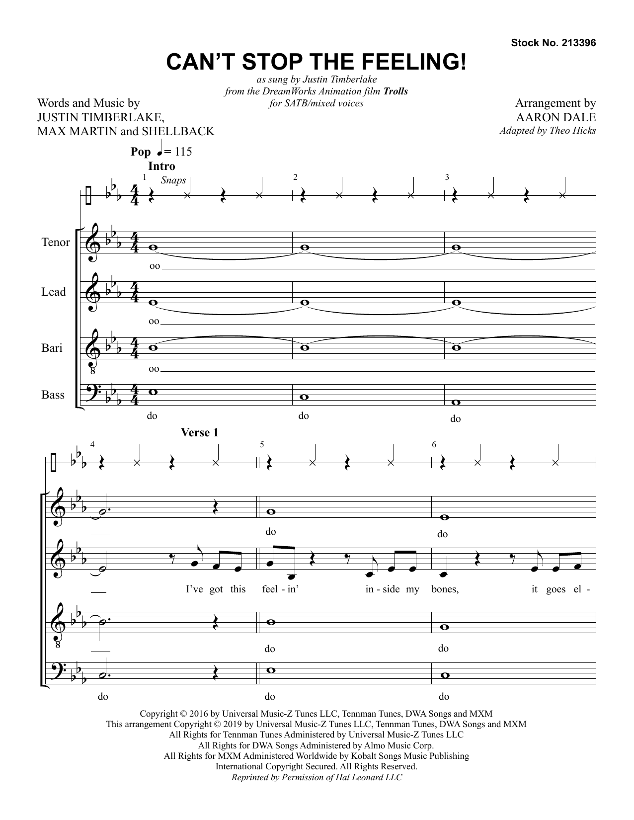 Justin Timberlake Can't Stop The Feeling! (from Trolls) (arr. Aaron Dale) Sheet Music Notes & Chords for SATB Choir - Download or Print PDF