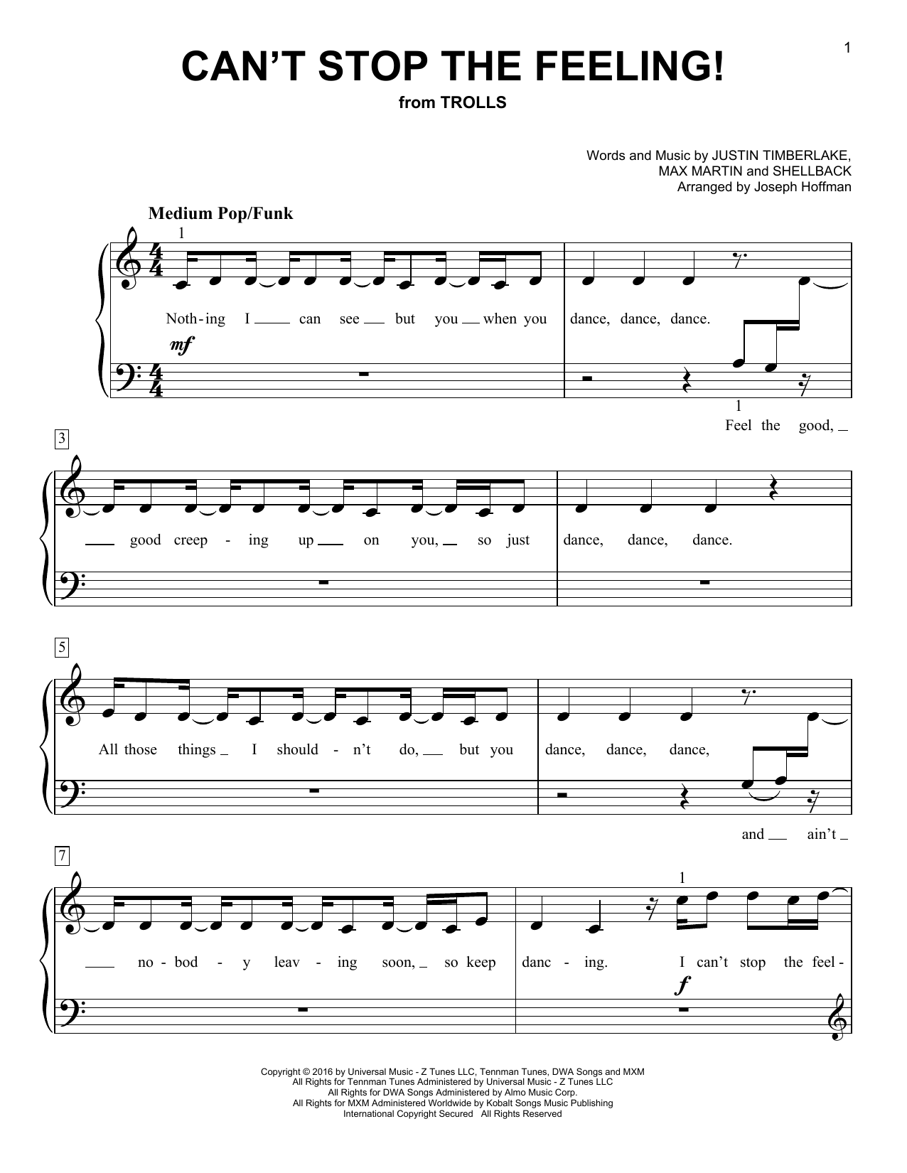 Justin Timberlake Can't Stop The Feeling! (from Trolls) (arr. Joseph Hoffman) Sheet Music Notes & Chords for Easy Piano - Download or Print PDF