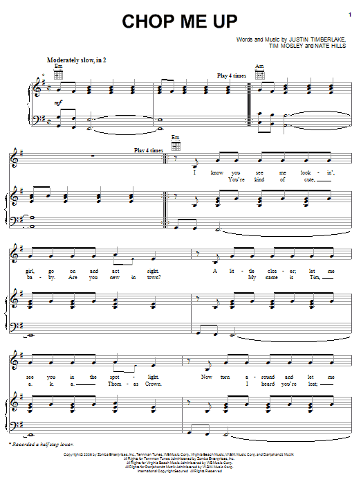 Justin Timberlake Chop Me Up Sheet Music Notes & Chords for Piano, Vocal & Guitar (Right-Hand Melody) - Download or Print PDF