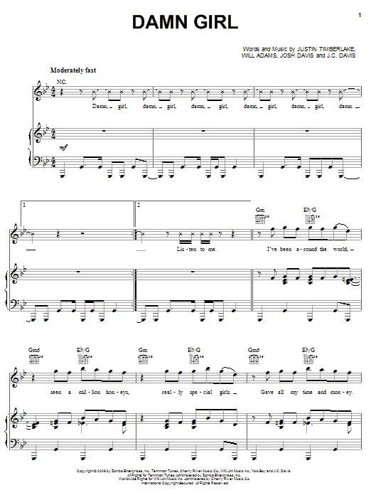 Justin Timberlake Damn Girl Sheet Music Notes & Chords for Piano, Vocal & Guitar (Right-Hand Melody) - Download or Print PDF