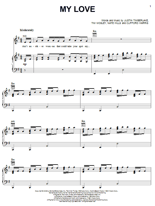 Justin Timberlake featuring T.I. My Love Sheet Music Notes & Chords for Piano, Vocal & Guitar (Right-Hand Melody) - Download or Print PDF