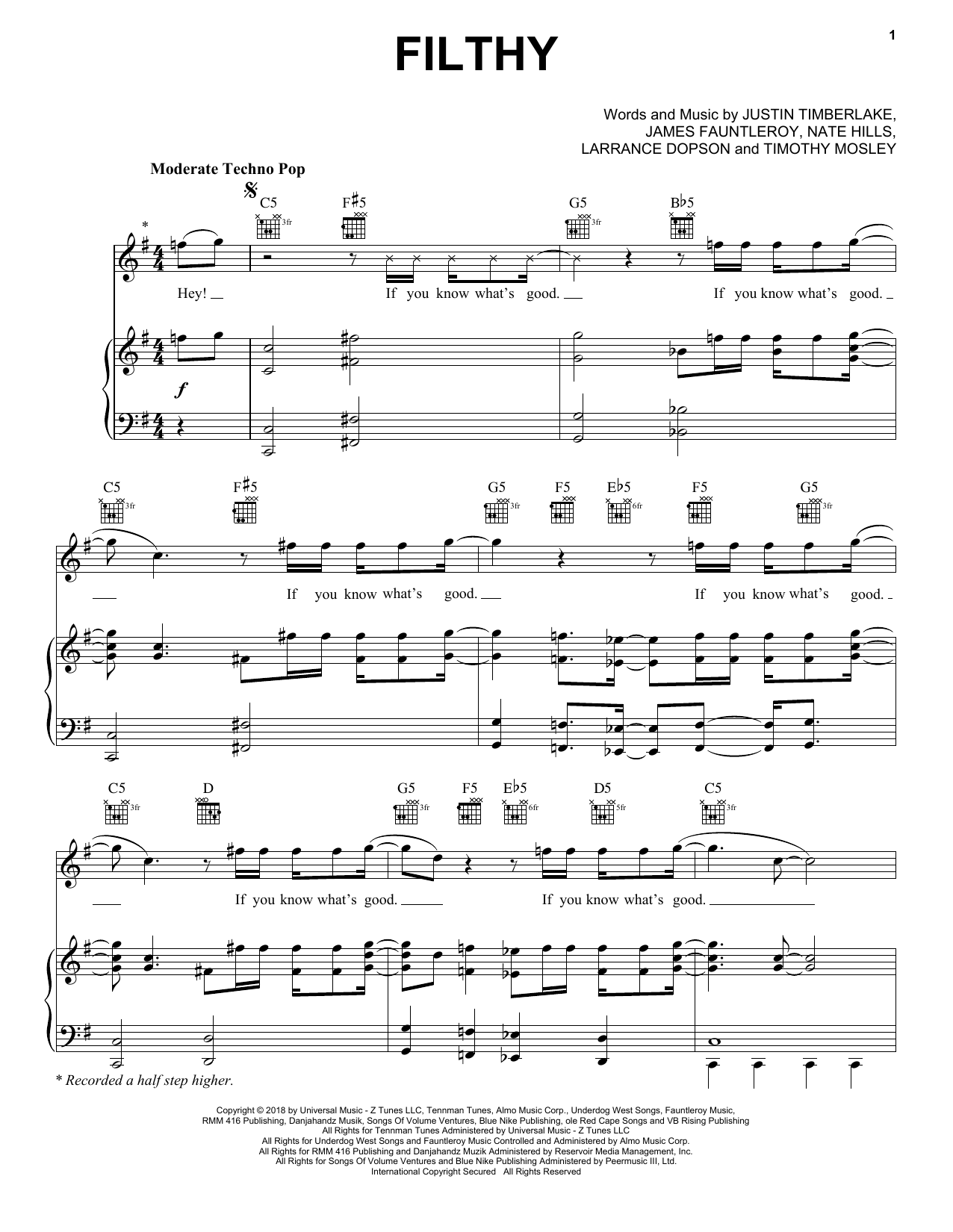 Justin Timberlake Filthy Sheet Music Notes & Chords for Piano, Vocal & Guitar (Right-Hand Melody) - Download or Print PDF