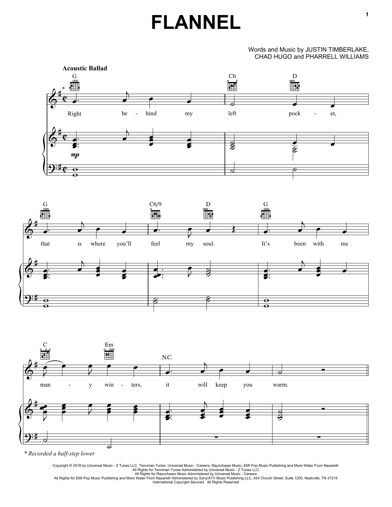 Justin Timberlake Flannel Sheet Music Notes & Chords for Piano, Vocal & Guitar (Right-Hand Melody) - Download or Print PDF