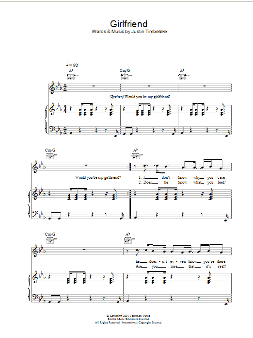 Justin Timberlake Girlfriend Sheet Music Notes & Chords for Piano, Vocal & Guitar - Download or Print PDF