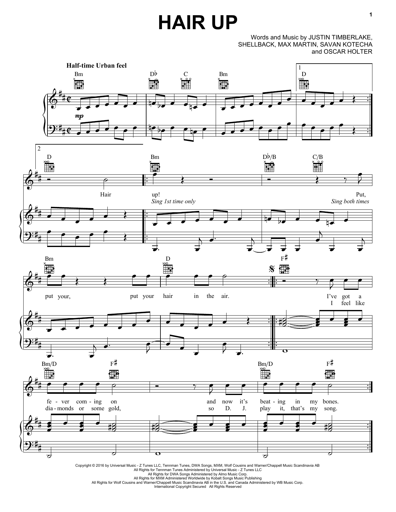 Justin Timberlake, Gwen Stefani and Ron Funches Hair Up Sheet Music Notes & Chords for Piano, Vocal & Guitar (Right-Hand Melody) - Download or Print PDF Justin Timberlake, Gwen Stefani and Ron Funches Hair Up Sheet Music Notes & Chords for Piano, Vocal & Guitar (Right-Hand Melody) - Download or Print PDF