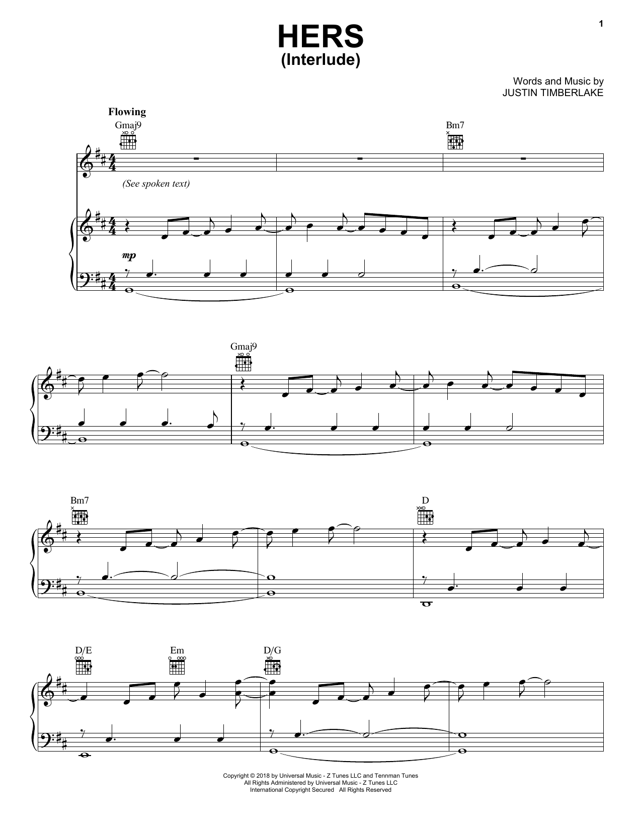 Justin Timberlake Hers Sheet Music Notes & Chords for Piano, Vocal & Guitar (Right-Hand Melody) - Download or Print PDF