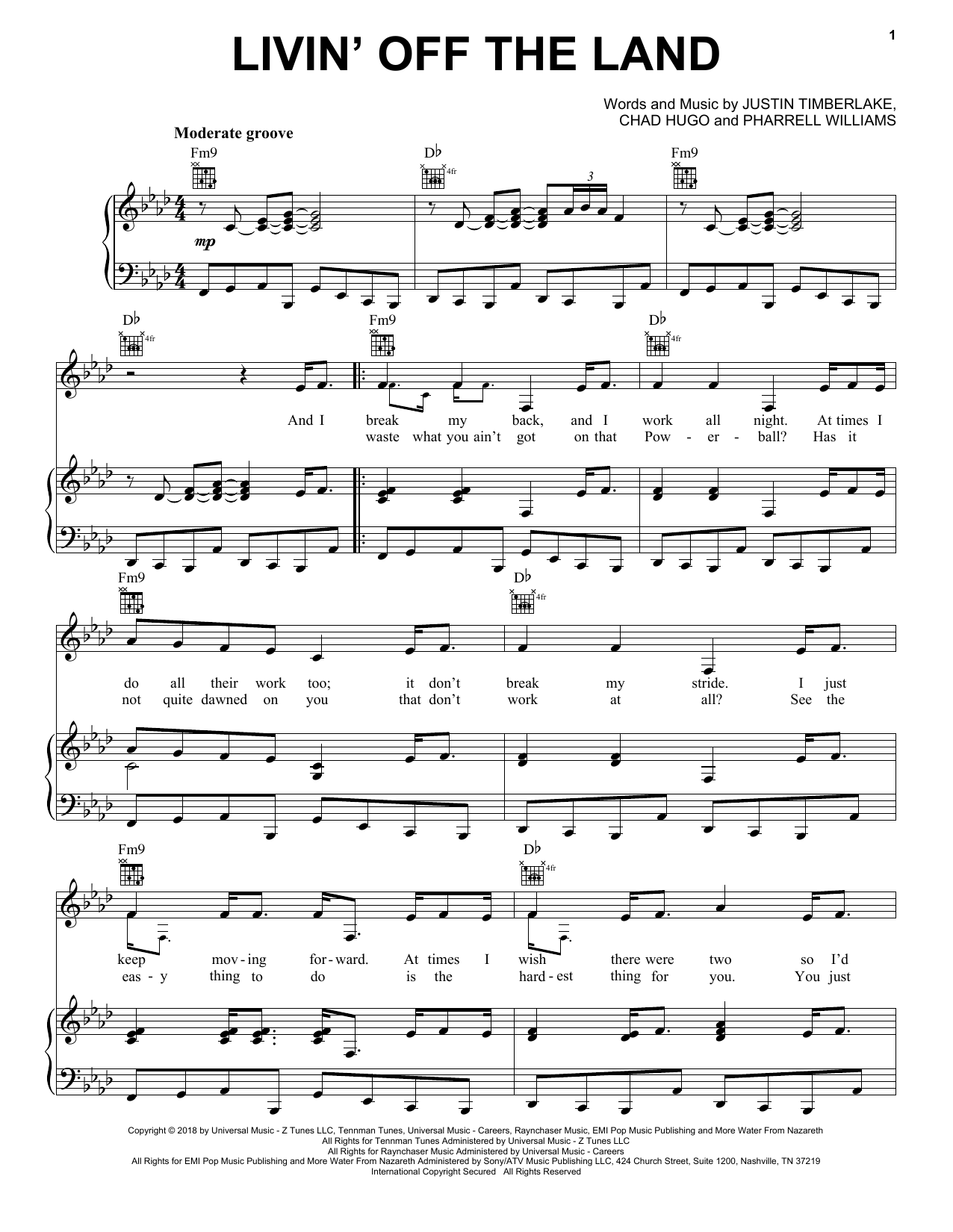 Justin Timberlake Livin' Off The Land Sheet Music Notes & Chords for Piano, Vocal & Guitar (Right-Hand Melody) - Download or Print PDF