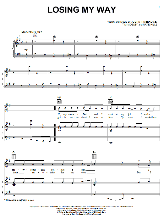 Justin Timberlake Losing My Way Sheet Music Notes & Chords for Piano, Vocal & Guitar (Right-Hand Melody) - Download or Print PDF