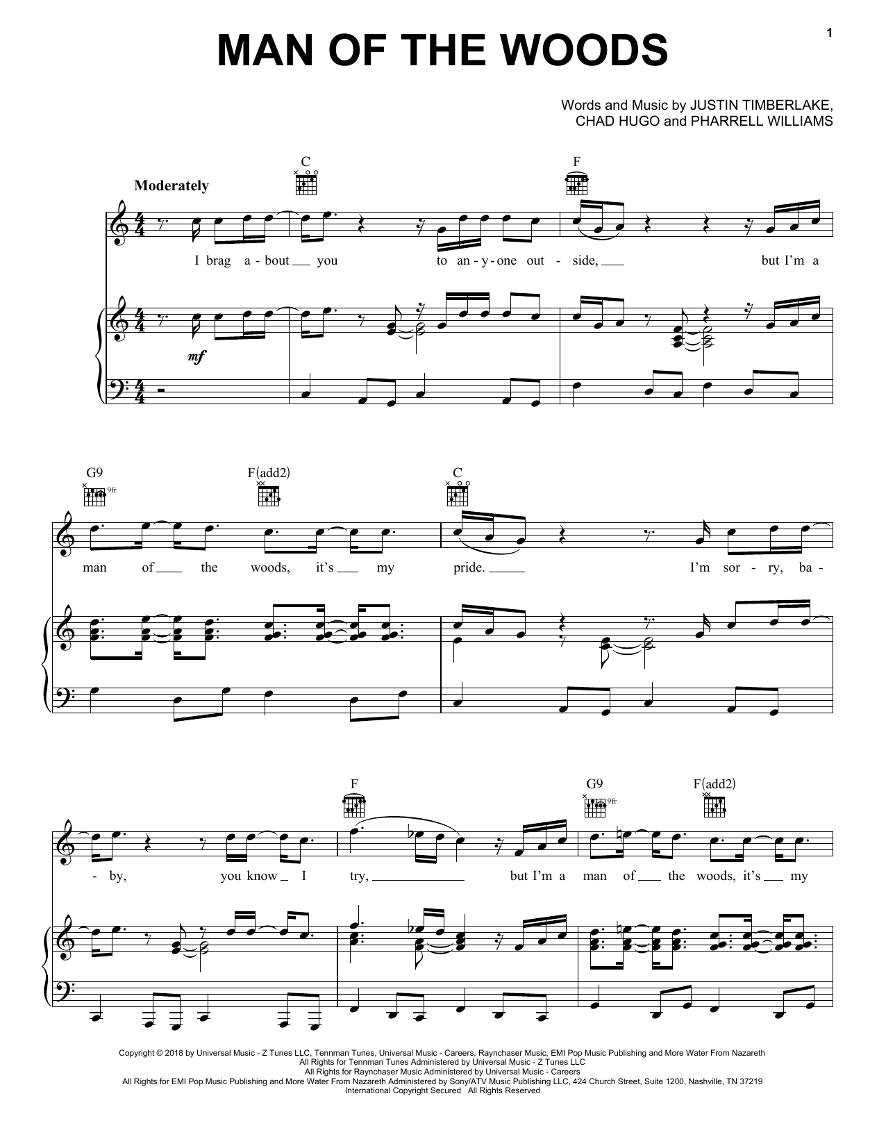 Justin Timberlake Man Of The Woods Sheet Music Notes & Chords for Piano, Vocal & Guitar (Right-Hand Melody) - Download or Print PDF