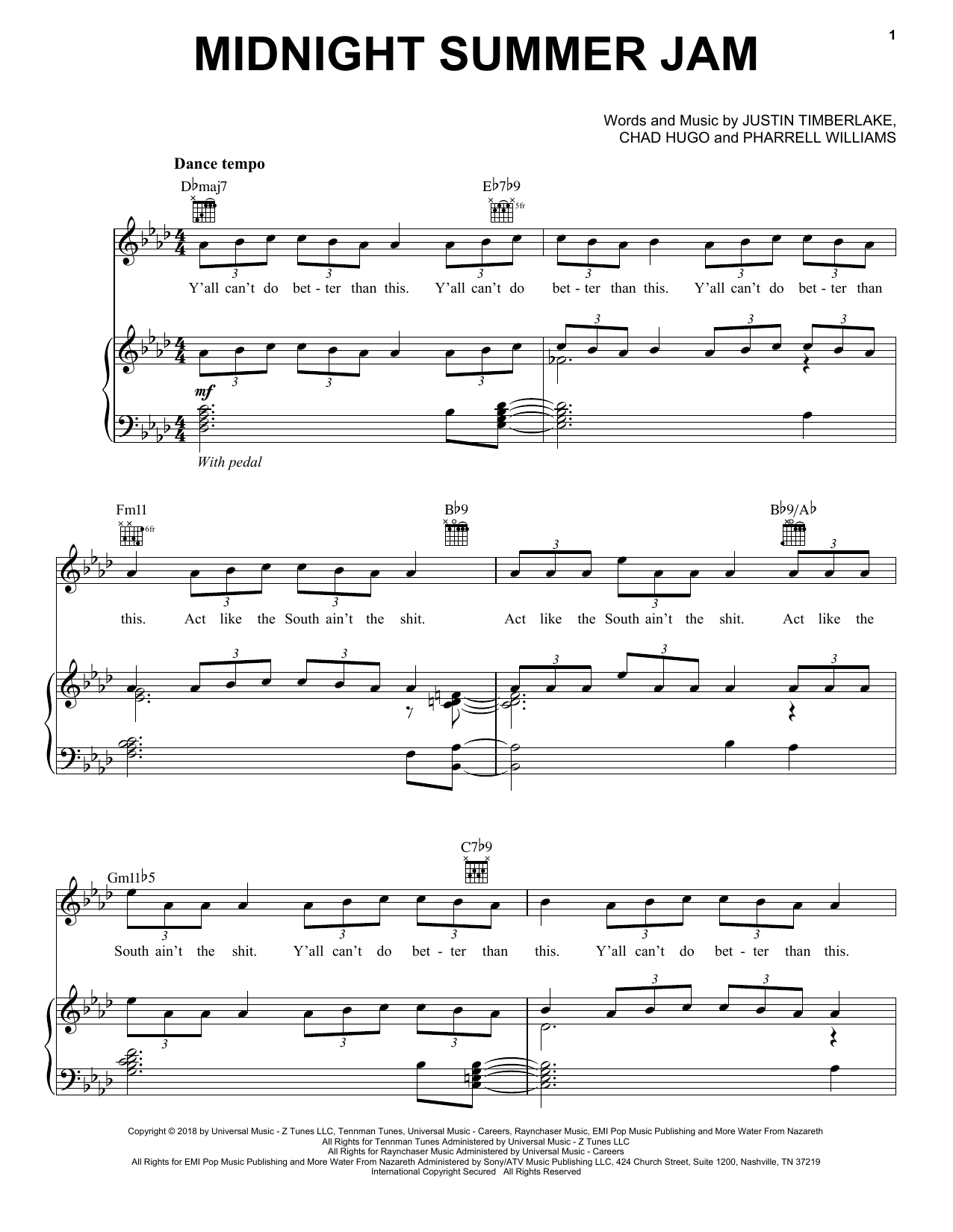 Justin Timberlake Midnight Summer Jam Sheet Music Notes & Chords for Piano, Vocal & Guitar (Right-Hand Melody) - Download or Print PDF