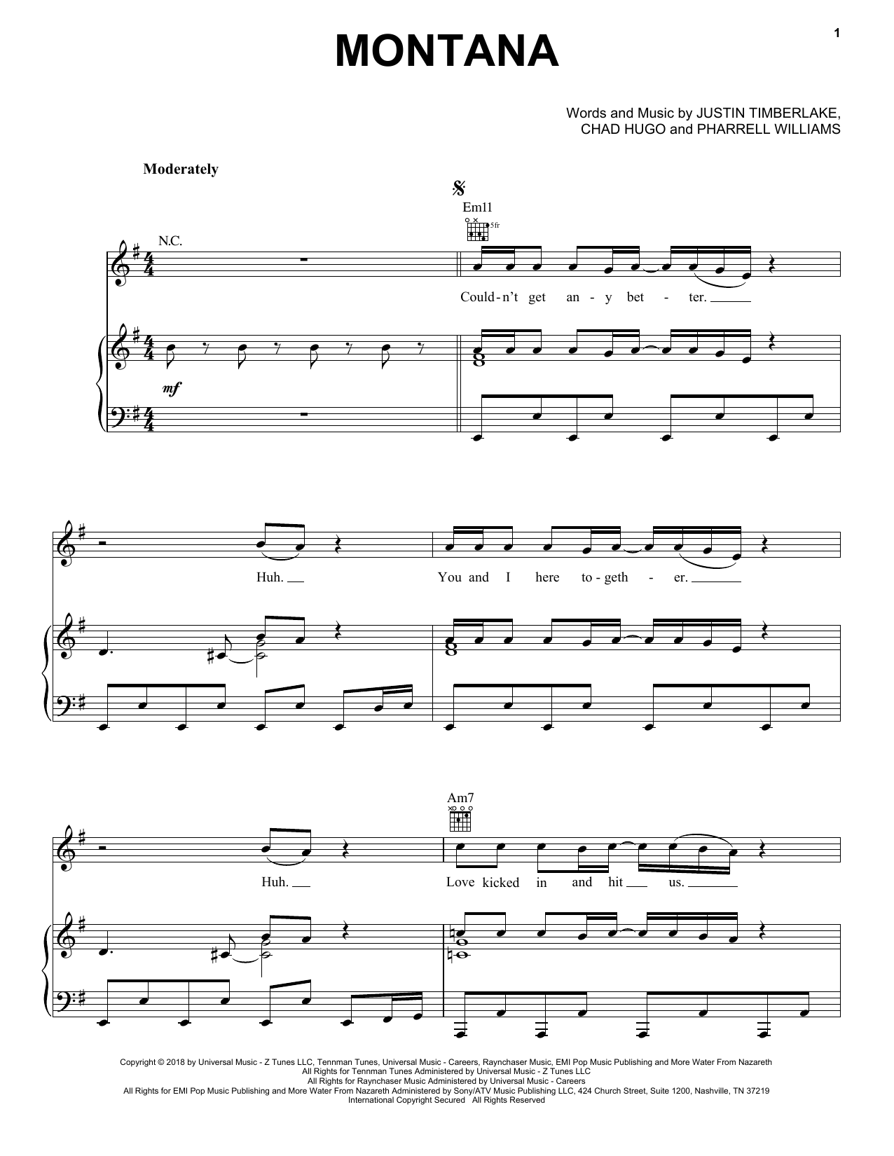 Justin Timberlake Montana Sheet Music Notes & Chords for Piano, Vocal & Guitar (Right-Hand Melody) - Download or Print PDF