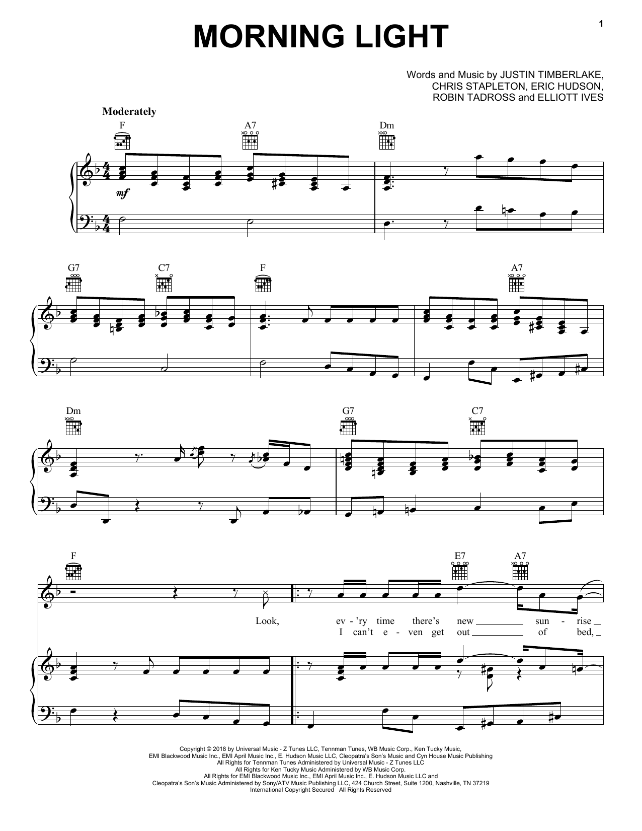 Justin Timberlake Morning Light Sheet Music Notes & Chords for Piano, Vocal & Guitar (Right-Hand Melody) - Download or Print PDF
