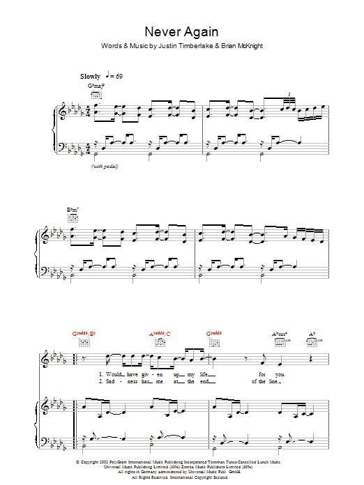 Justin Timberlake Never Again Sheet Music Notes & Chords for Piano, Vocal & Guitar - Download or Print PDF