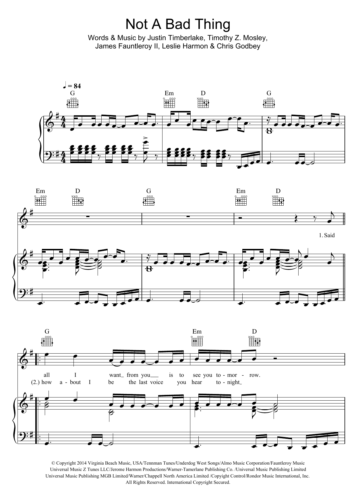 Justin Timberlake Not A Bad Thing Sheet Music Notes & Chords for Piano, Vocal & Guitar (Right-Hand Melody) - Download or Print PDF