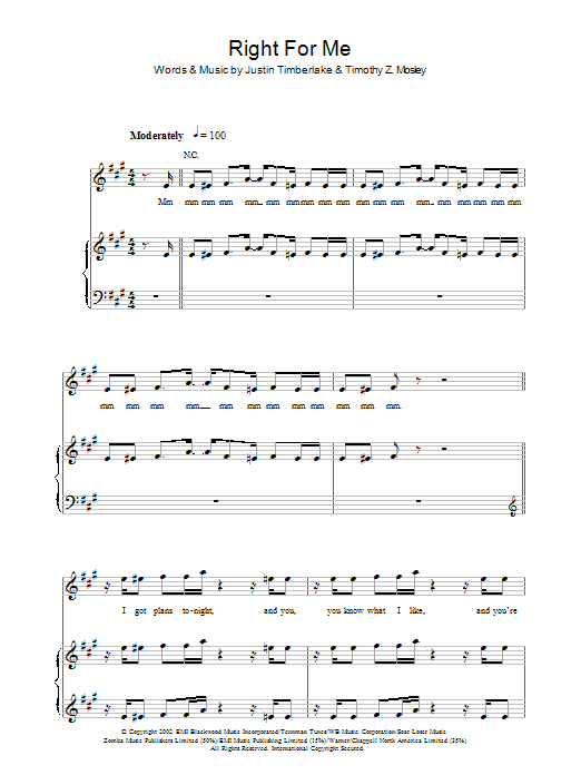 Justin Timberlake Right For Me Sheet Music Notes & Chords for Piano, Vocal & Guitar (Right-Hand Melody) - Download or Print PDF