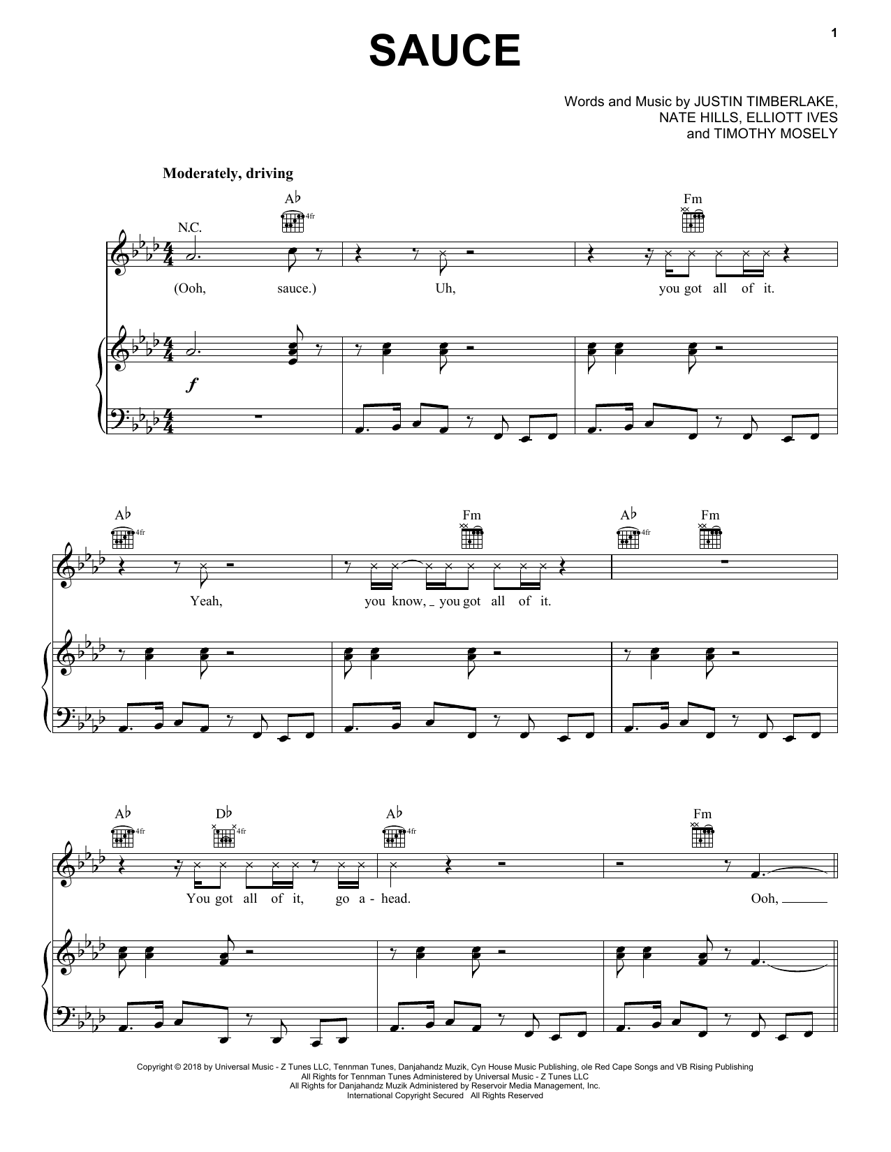 Justin Timberlake Sauce Sheet Music Notes & Chords for Piano, Vocal & Guitar (Right-Hand Melody) - Download or Print PDF