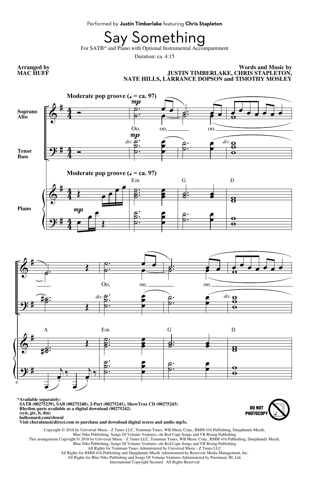 Justin Timberlake Say Something (feat. Chris Stapleton) (arr. Mac Huff) Sheet Music Notes & Chords for SATB - Download or Print PDF