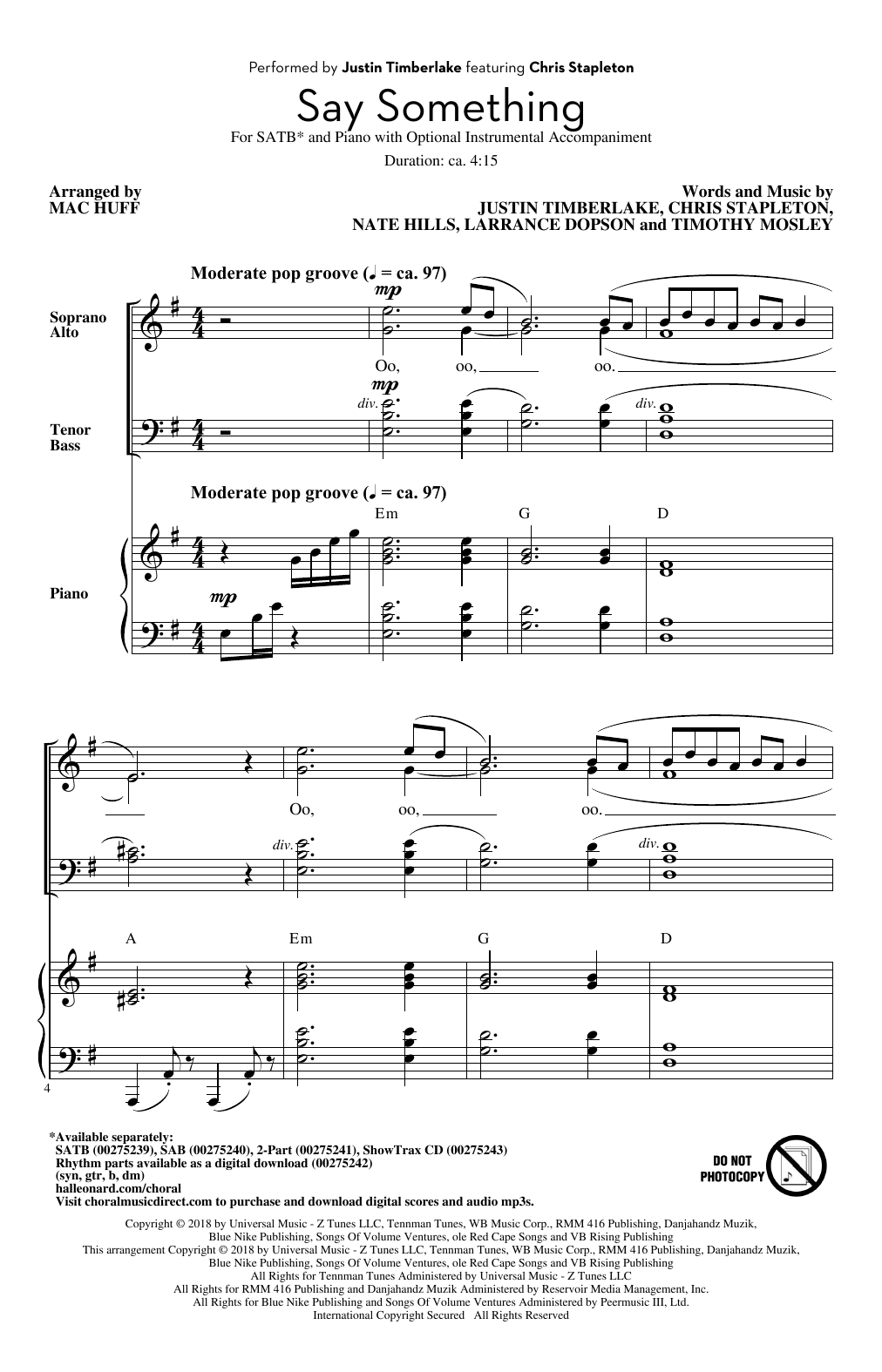 Justin Timberlake Say Something (feat. Chris Stapleton) (arr. Mac Huff) Sheet Music Notes & Chords for 2-Part Choir - Download or Print PDF